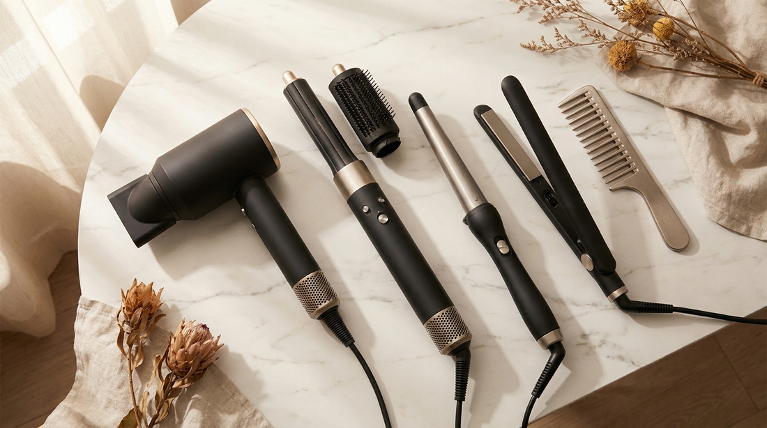 A selection of premium Parwin Pro Beauty hair styling tools arranged on a marble surface